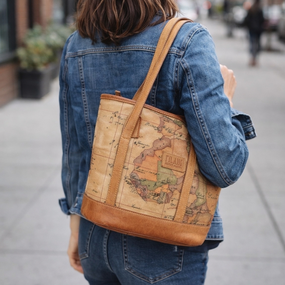 Alviero Martini Tan Map Print Travel Tote
